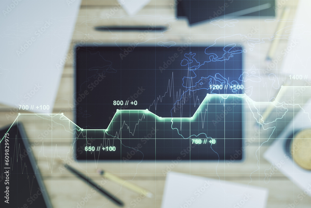 Poster Double exposure of abstract creative statistics data hologram and modern digital tablet on background, analytics and forecasting concept