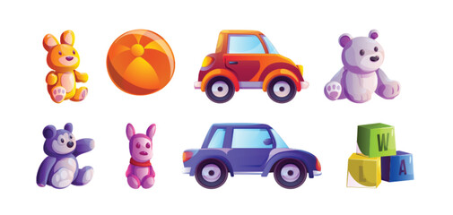 Toy store kid gift cute vector game illustration. Baby shop clipart set with car, teddy, cube and puppy clipart collection isolated on white background. Toyshop element for learning and education app