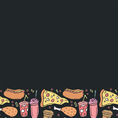 fast food background with place for text. Doodle fastfood icons. Drawn food illustration