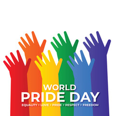 Colorful Illustration of LGBT Pride Day, Hands Raised in Different Rainbow Shades on a White Background. Vector Template