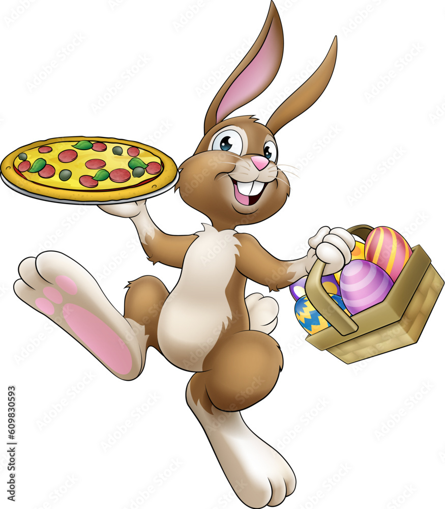 Sticker An Easter bunny rabbit cartoon character serving or delivering pizza from a food restaurant, possibly the chef