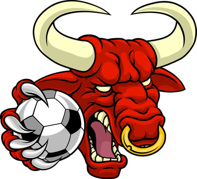 A bull or Minotaur monster longhorn cow angry mean soccer football mascot cartoon character.