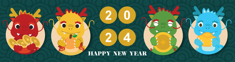 Chinese New Year 2024, the year of the Dragon, red and gold line art characters, simple hand-drawn Asian elements with craft (Chinese translation: Happy Chinese New Year 2024, year of the Dragon)