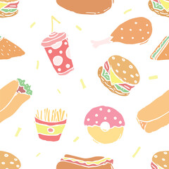 Seamless fast food pattern. fast food background. Doodle fastfood icons. Drawn food pattern