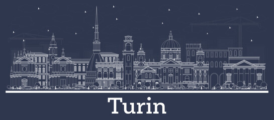 Outline Turin Italy City Skyline with White Buildings. Turin Cityscape with Landmarks.