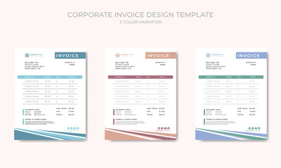 Corporate clean invoice template vector design with 3 color theme variation.