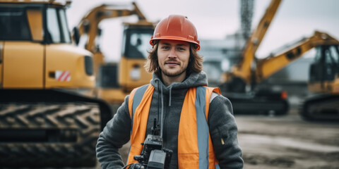 Portrait of a beautiful construction worker with a helmet in front of the excavator