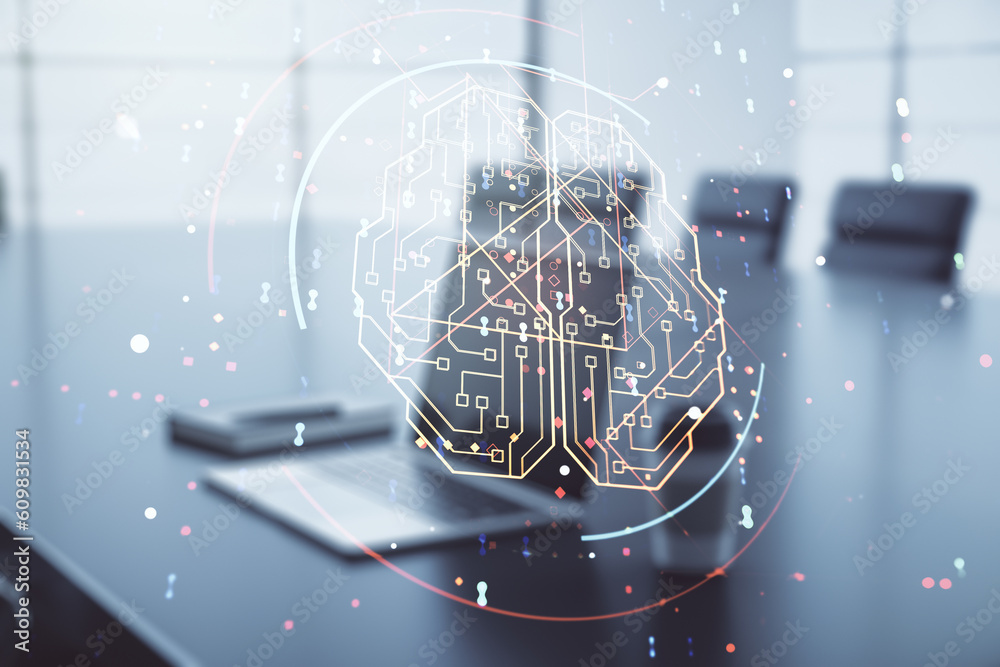 Poster creative artificial intelligence concept with human brain sketch on modern computer background. doub