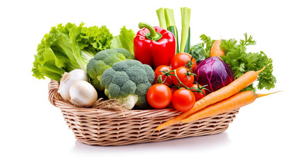Wicker basket full of fresh vegetables on white background, isolated, farmers market