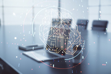 Creative artificial Intelligence concept with human brain sketch on modern computer background. Double exposure