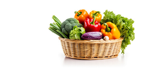 Wicker basket full of fresh vegetables on white background, isolated, farmers market