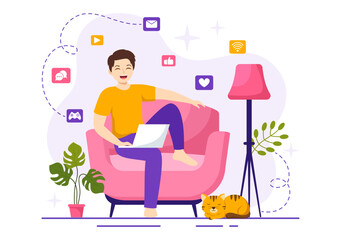 Internet Addiction Vector Illustration with Young People Addicted to Using Devices Such as Laptop or Smartphone in Flat Cartoon Hand Drawn Templates