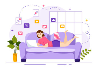 Internet Addiction Vector Illustration with Young People Addicted to Using Devices Such as Laptop or Smartphone in Flat Cartoon Hand Drawn Templates