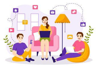 Internet Addiction Vector Illustration with Young People Addicted to Using Devices Such as Laptop or Smartphone in Flat Cartoon Hand Drawn Templates