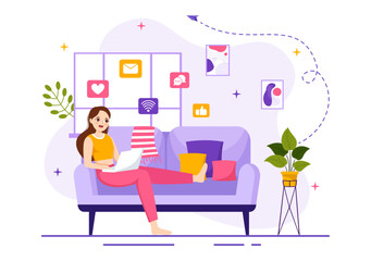 Internet Addiction Vector Illustration with Young People Addicted to Using Devices Such as Laptop or Smartphone in Flat Cartoon Hand Drawn Templates