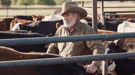 portrait of farmer pulling cows into a pen on a cattle ranch, Generative AI