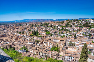 Aerial view of beautoful Granada cityscape on a sunny spring day, Andalusia