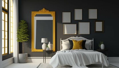 Bedroom decoration with blank frame interior generative Ai