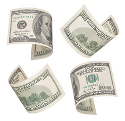 Set of flying one hundred dollars bills. Isolated on white