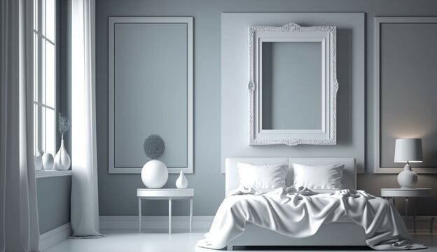 Bedroom decoration with blank frame interior generative Ai