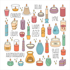 Lighted Aroma Candles Cute Cartoon Collection. Comfort Theme, Home Design and Romance Elements. Candle Colorful Drawn Vector Set.