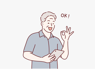 senior man with tablet pc computer. senior man is showing a gesture Okay, ok. Hand drawn style vector design illustrations.