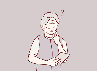 senior woman reading news on digital tablet. Question. Hand drawn style vector design illustrations.