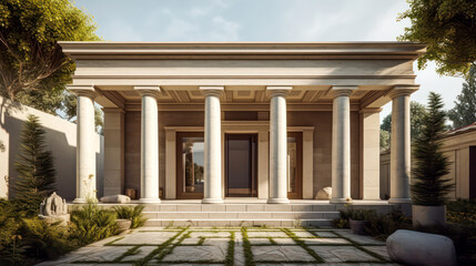 3D render roman style, Home and Garden Embracing the Timeless Elegance and Tranquility, Creating a Harmonious Fusion of Indoor and Outdoor Spaces