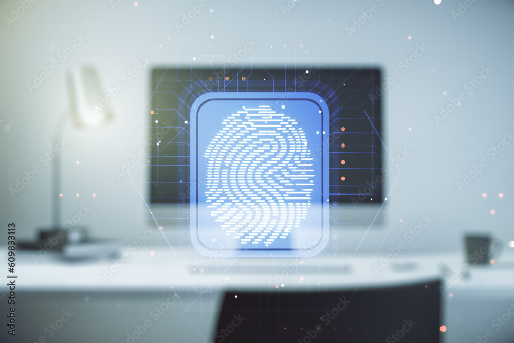Poster abstract creative fingerprint illustration on modern computer background, personal biometric data co