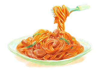 フォークで持ち上げた美味しそうなナポリタンスパゲティの水彩イラスト(PNG)