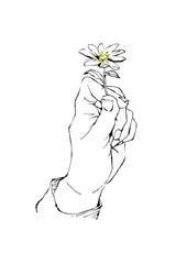 黄色い差し色の入った小さな花を持った手の線画イラスト(PNG)