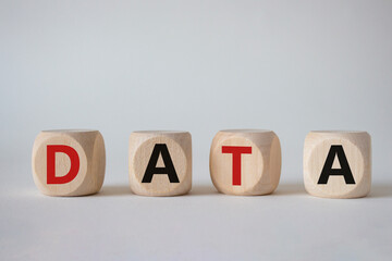 Data symbol. Concept word Data on wooden cubes. Beautiful white background. Business and Data concept. Copy space.