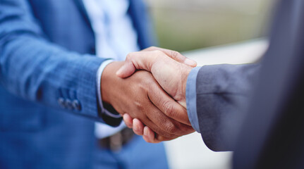 Partnership, business people and b2b handshake in support of deal, collaboration and teamwork. Men, shaking hands and welcome, thank you or congratulations gesture by professional partner negotiation