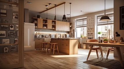 Fototapeta premium 3D rendering Kitchen Concept: A Stylish and Inviting Space for Modern Living and Relaxation, with Contemporary Design Elements, modern Ambiance, and Superior Comfortable interior design