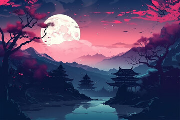 full moon background over mountains anime style