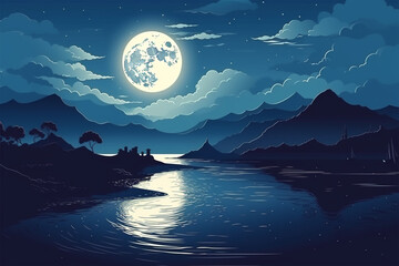 anime style full moon and ocean background
