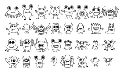 Big set of doodle monsters. Collection of cute funny hand drawn Halloween monsters isolated on white background. Vector illustration.