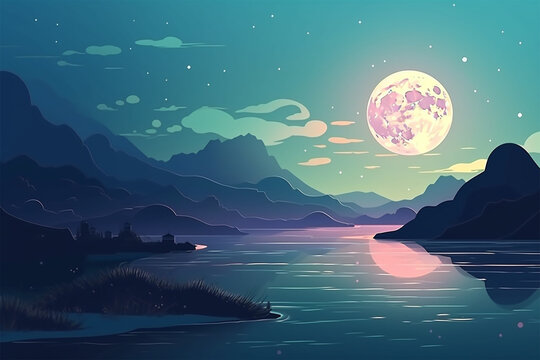 anime style full moon and ocean background