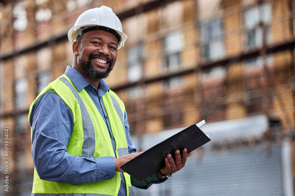 Poster portrait, tablet and a black man construction on a building site for planning, architecture or devel