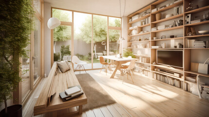 Naklejka premium 3D rendering Living Room and Garden Concept, Indoor-Outdoor Living with a Harmonious Blend of Nature and Interior Design, Creating a Tranquil Retreat for Relaxation and Entertainment