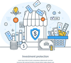 Investment balance protection, financial secure and insurance. Safety investment, safe business economy, money protection, guarantee, financial savings insurance thin line design of vector doodles