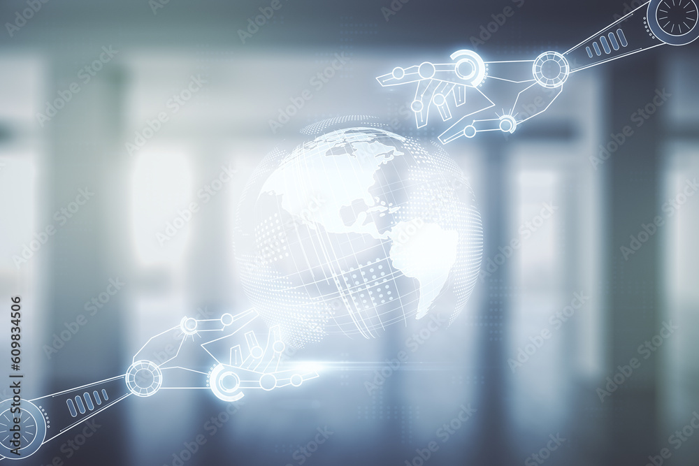 Poster abstract virtual robotics technology hologram with globe sketch on empty corporate office background