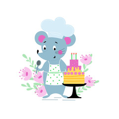 Cute mouse with cake illustration