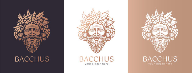 Logo Bacchus or Dionysus. Man face logo with grape berries and leaves. A style for winemakers or brewers. Sign for bar and restaurant. - obrazy, fototapety, plakaty