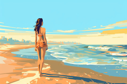 Girl on beach vector. AI generative