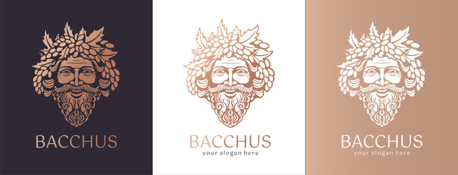 Logo Bacchus or Dionysus. Man face logo with grape berries and leaves. A style for winemakers or brewers. Sign for bar and restaurant.