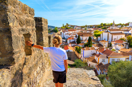 Family tourist in Obidos, near Lisbon in Portugal