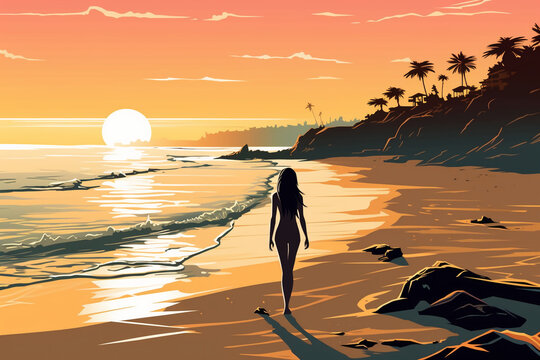 Girl on beach vector. AI generative