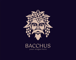 Logo Bacchus or Dionysus. Man face logo with grape berries and leaves. A style for winemakers or brewers. Sign for bar and restaurant.
