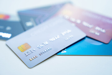 Close up of many credit cards.